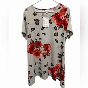 LuLaRoe Gray Top with Red Floral and Leopard Print